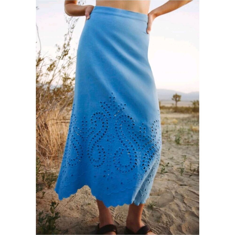 Zara Embroidered Linen Skirt Blue Size S NEW